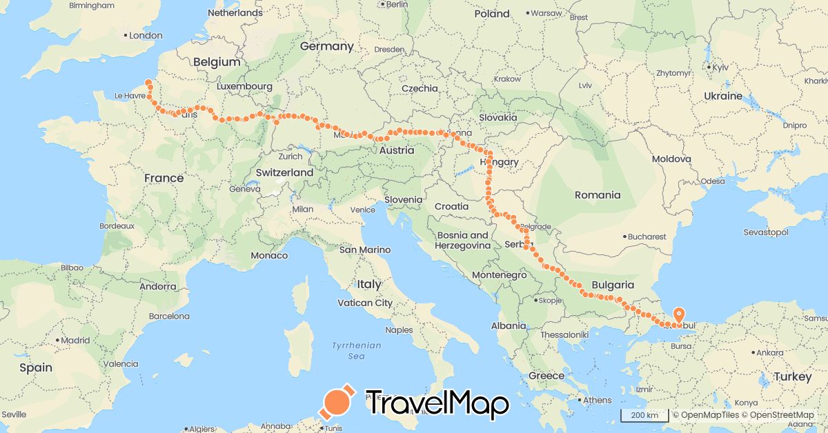 TravelMap itinerary: walking in Austria, Bulgaria, Germany, France, Greece, Hungary, Serbia, Slovakia, Turkey (Asia, Europe)
