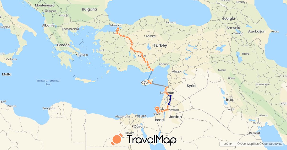 TravelMap itinerary: driving, walking, flight, boat in Cyprus, Israel, Jordan, Lebanon, Syria, Turkey (Asia)