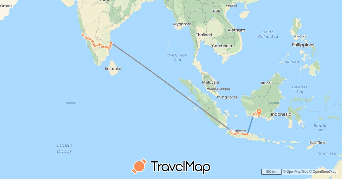 TravelMap itinerary: walking, flight, boat in Indonesia, India (Asia)