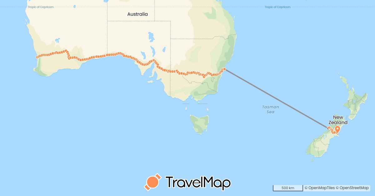 TravelMap itinerary: walking, flight in Australia, New Zealand (Oceania)