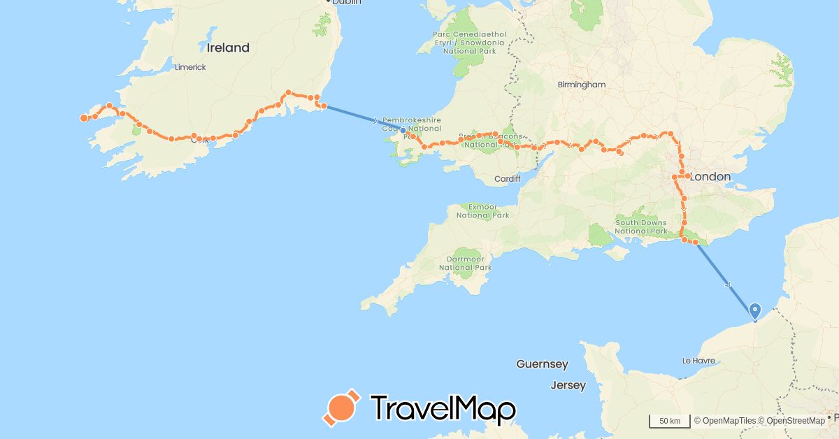 TravelMap itinerary: walking, boat